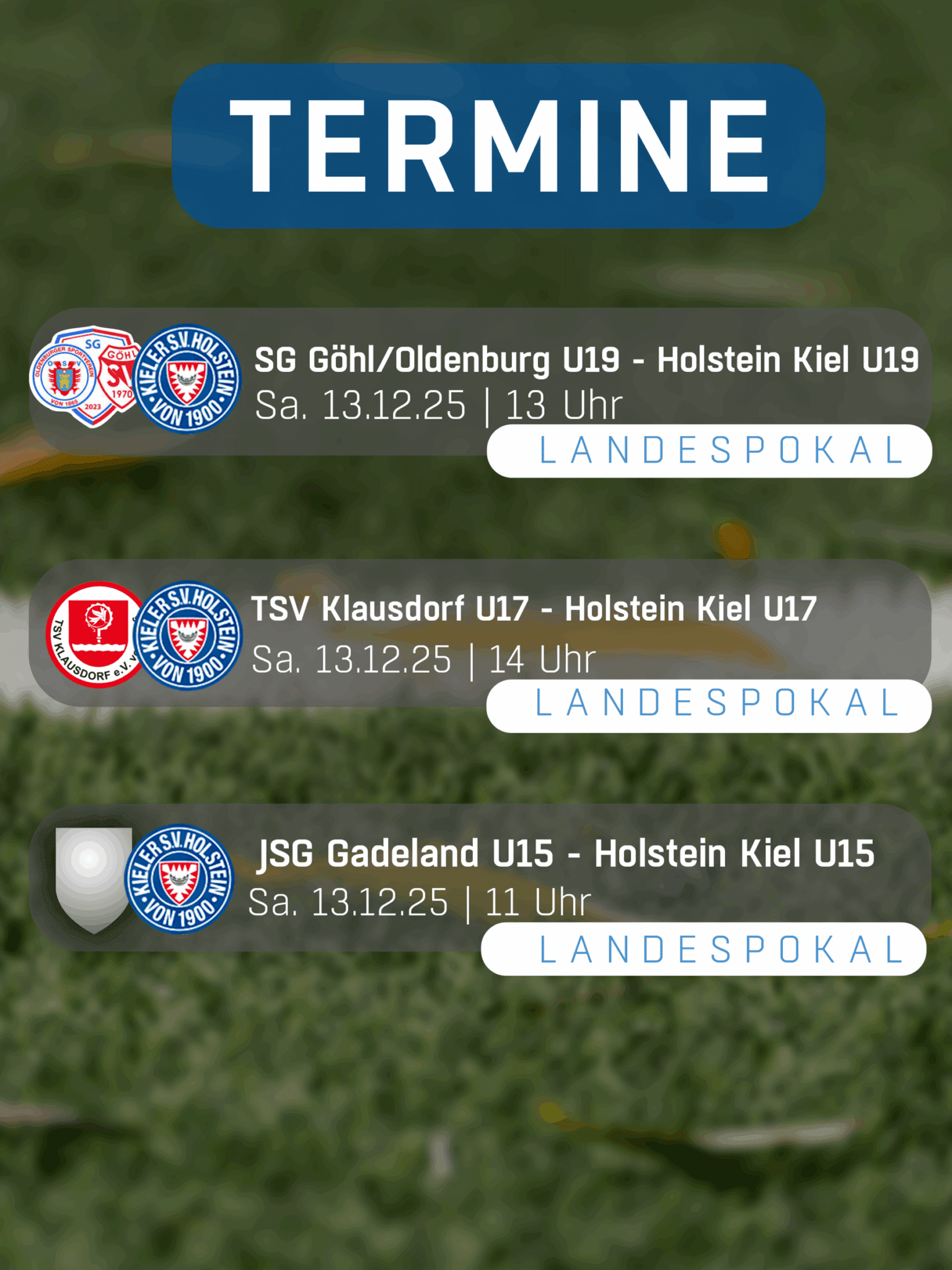 Am Samstag treten unsere U19, U17 und U15 jeweils im Viertelfinale des SHFV-Landespokal an. Die Mission lautet: Titelverteidigung! Daumen sind gedrückt, Jungs!🙏