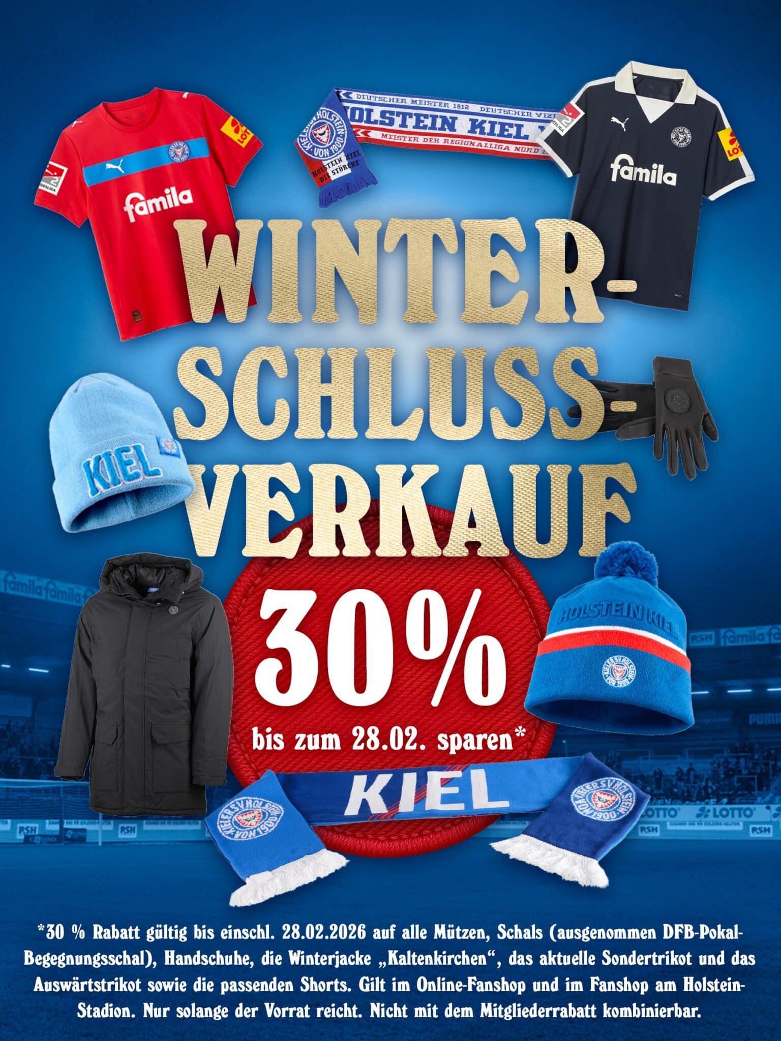 Passend zum erneuten Wintereinbruch in Kiel gibt es ab heute 30 % Rabatt auf ausgewählte Fanshop-Artikel – inklusive Mützen, Schals, Handschuhe & Co. ❄️ Die Aktion läuft bis zum 28. Februar 2026 und gilt im Fanshop am Holstein-Stadion sowie online. 🙌