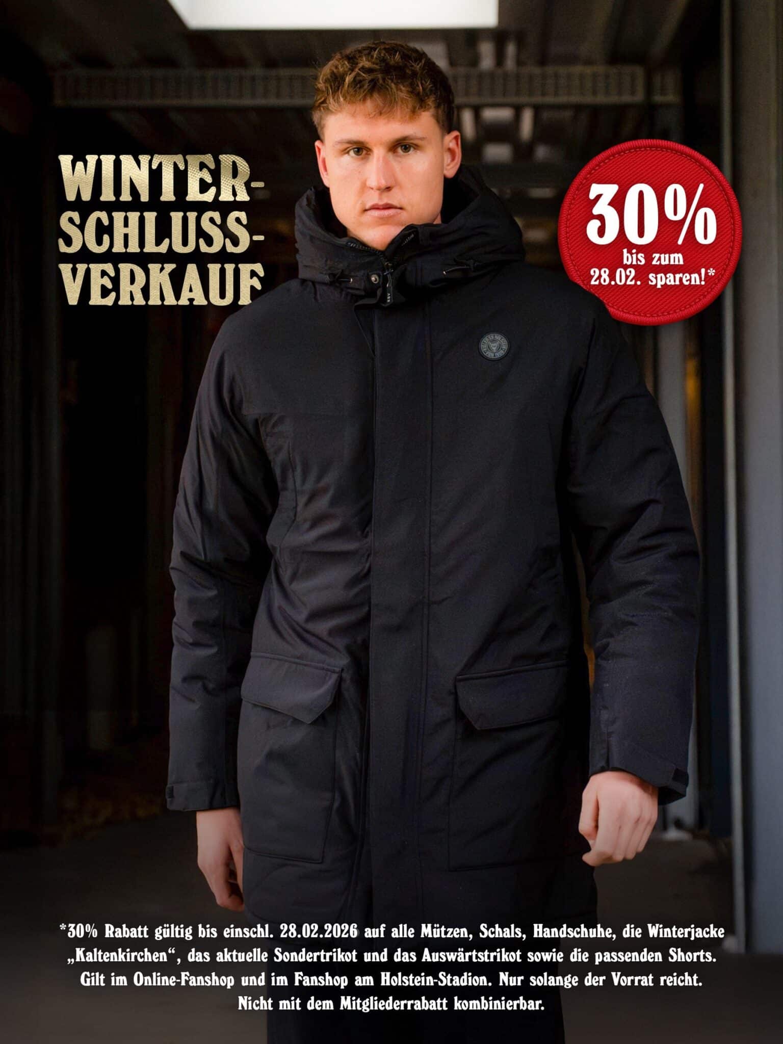 Ab sofort 30 % Rabatt auf ausgewählte Fanshop-Artikel – inklusive Mützen, Schals, Handschuhe & Co. ❄️ Die Aktion gilt im Fanshop am Holstein-Stadion sowie online (Aktion bis einschl. 28.02.2026). 🙌