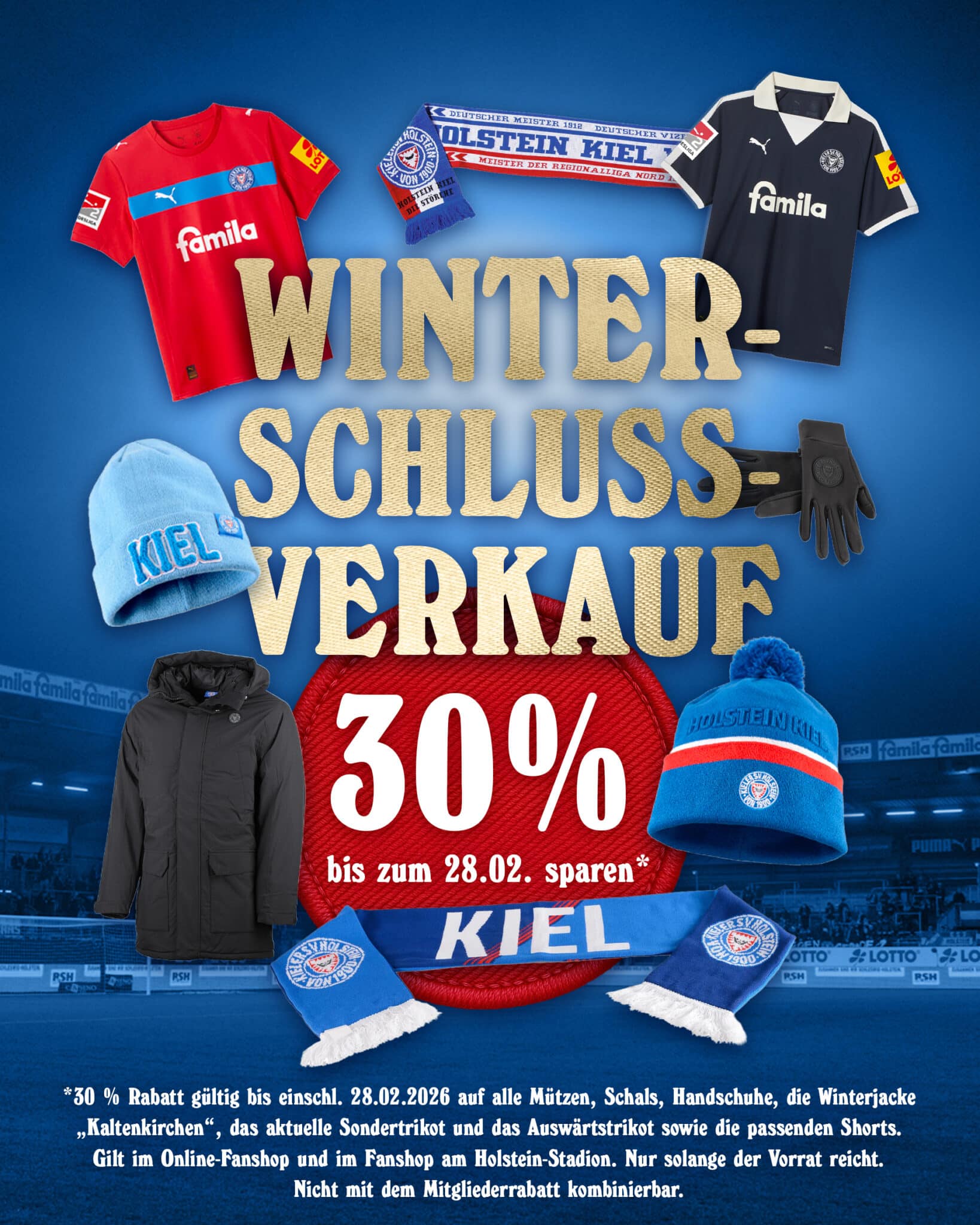 Ab sofort 30 % Rabatt auf ausgewählte Fanshop-Artikel – inklusive Mützen, Schals, Handschuhe & Co. ❄️ Die Aktion gilt im Fanshop am Holstein-Stadion sowie online (Aktion bis einschl. 28.02.2026). 🙌