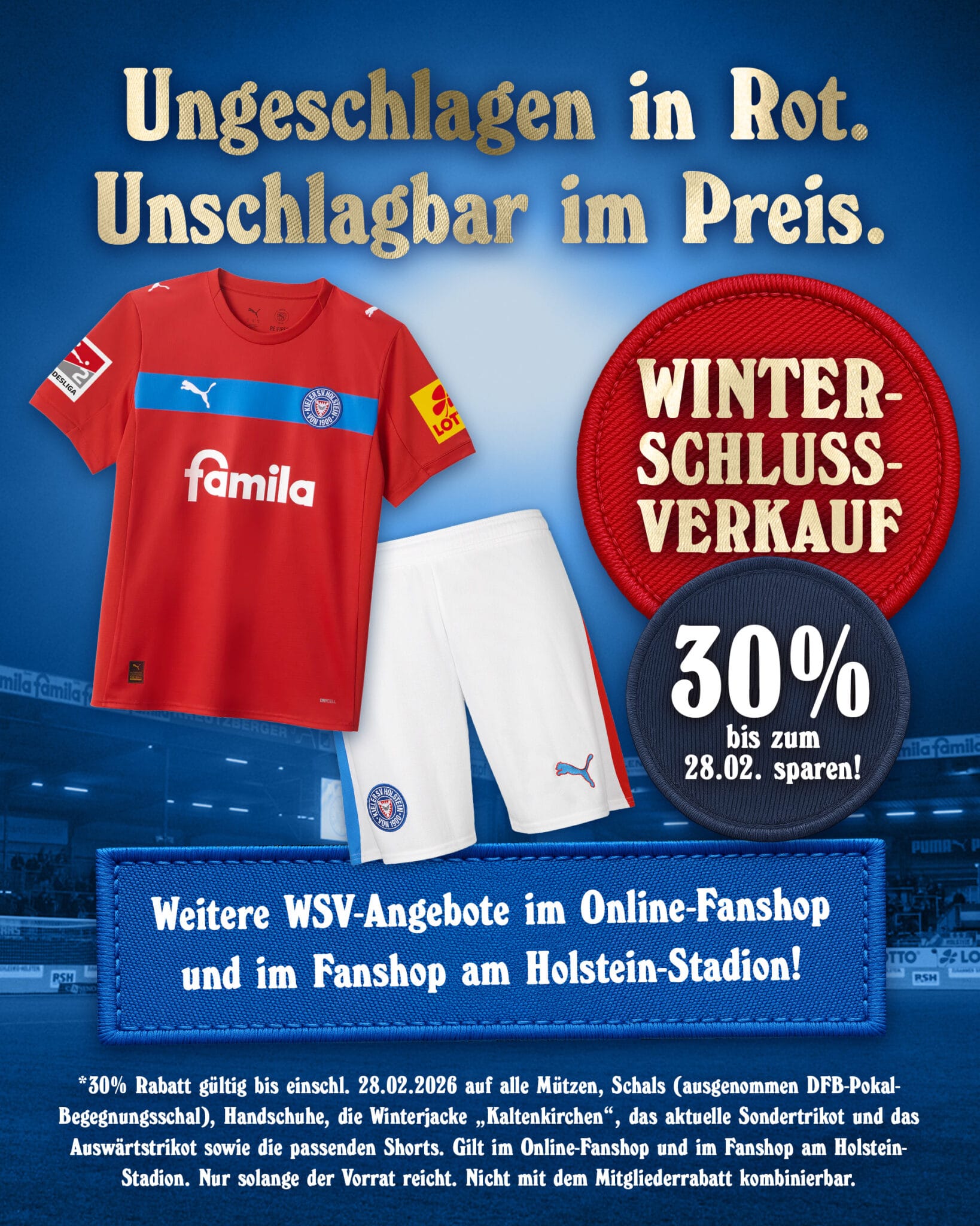 Ab sofort 30 % Rabatt auf ausgewählte Fanshop-Artikel – inklusive Mützen, Schals, Handschuhe & Co. ❄️ Die Aktion gilt im Fanshop am Holstein-Stadion sowie online (Aktion bis einschl. 28.02.2026). 🙌