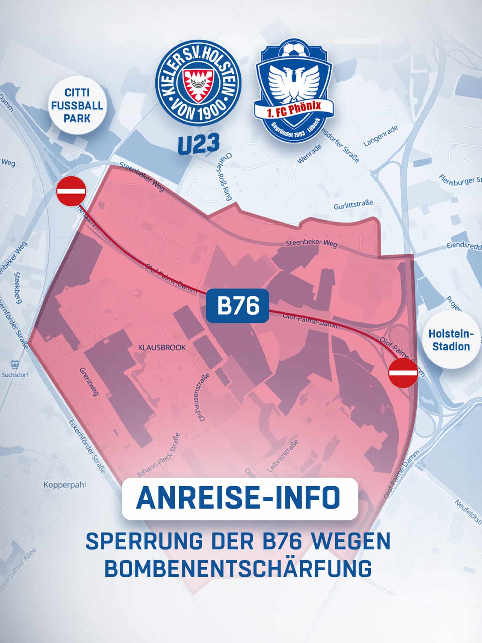 Bombenentschärfung am Sonntag in Kiel ⚠️ Im Bereich Suchsdorf/Steenbeker Weg kommt es ab circa 10 Uhr zu Sperrungen und Verkehrseinschränkungen. Fans, die zum Heimspiel unserer U23 in den CITTI FUSSBALL PARK anreisen, sollten über die Eckernförder Straße fahren und mehr Zeit einplanen. ℹ️