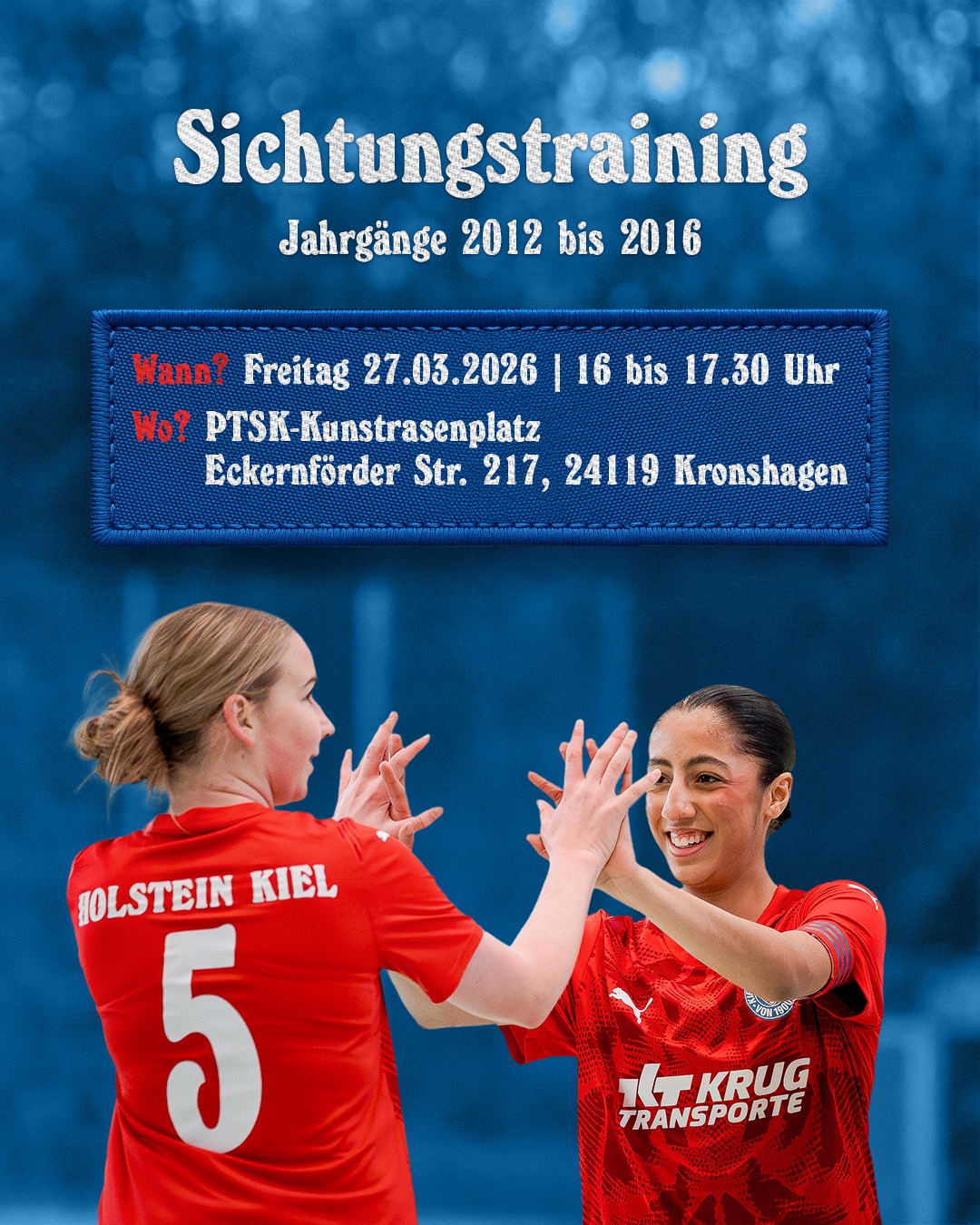 Bist du zwischen 2012 und 2016 geboren, liebst Fußball und willst leistungsorientiert spielen? Dann bewirb dich jetzt für die U13- oder U15-Teams der Holstein Women ⚽